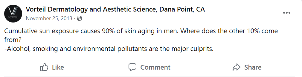 Facebook post confirming 90% of skin aging happens from cumulative exposure to the sun’s harmful UV rays.