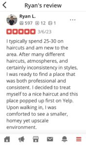 Mens salon near me five-star review of Krista at FOR MEN Salon and Spa in Lake Forest, California.