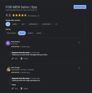 Mens hair salon near me Google reviews of FOR MEN Salon and Spa in Lake Forest, California 92630.